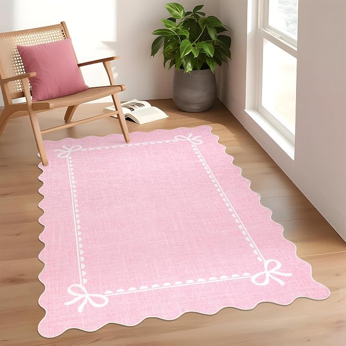 GarveeHome Scalloped Bow Rug for Living Room, Solid Pink Rug for Dorm, Washable - Image 3