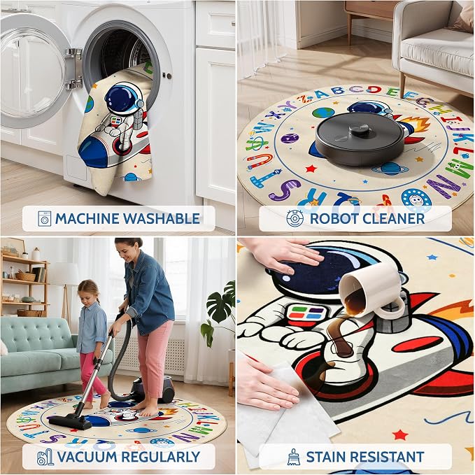 Washable Alphabet ABC Round Rug 3.4ft, Kids Astronaut Space Circle Carpet - Image 6