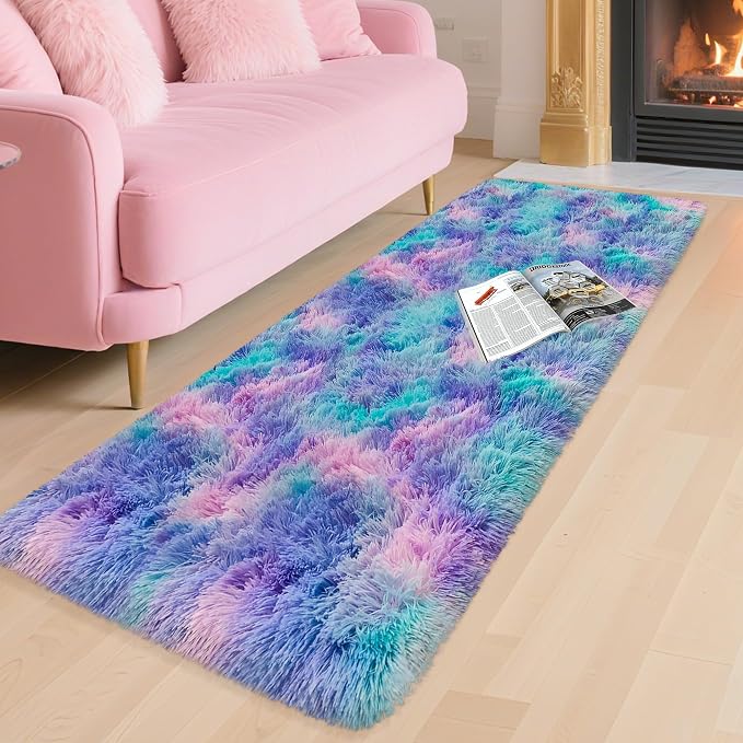 Shaggy Tie Dyed Light Blue Purple Runner Rug 2x6 ft Bedside Area Rugs - Image 2