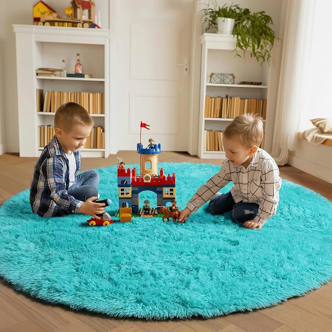 ONASAR Teal Blue Round Area Rug 4ft, Soft Fluffy Bedroom Bedside Floor Circle - Image 3