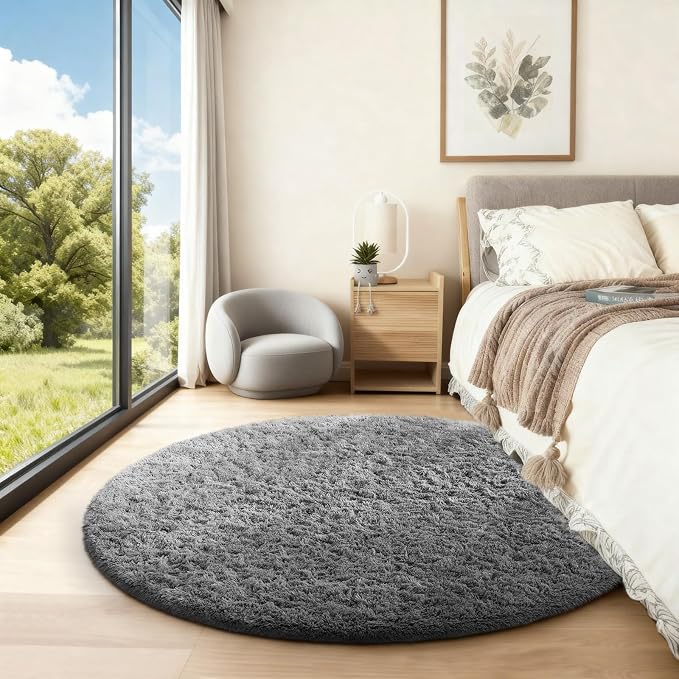 Ophanie Round Rug 4Ft Grey Circle Area Rugs, Fluffy Fuzzy Small Bedroom Carpet - Image 3