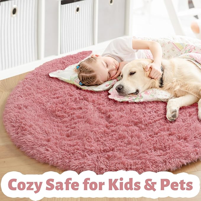Blush Round Rug 6Ft for Bedroom, Fluffy Fuzzy Plush Circle Area Rugs for Baby - Image 2