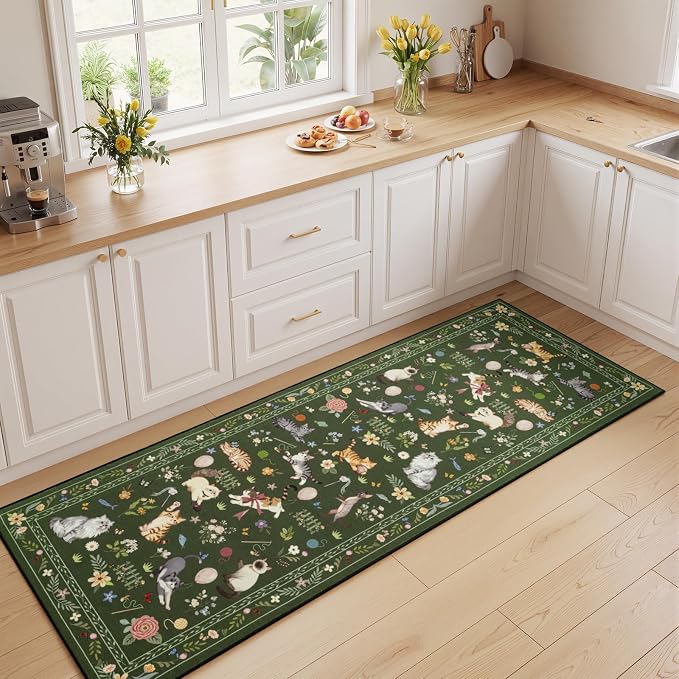 Unirea 2.6x8 Dark Green Cat Runner Rug, Washable Non Slip Botanical Rug - Image 8