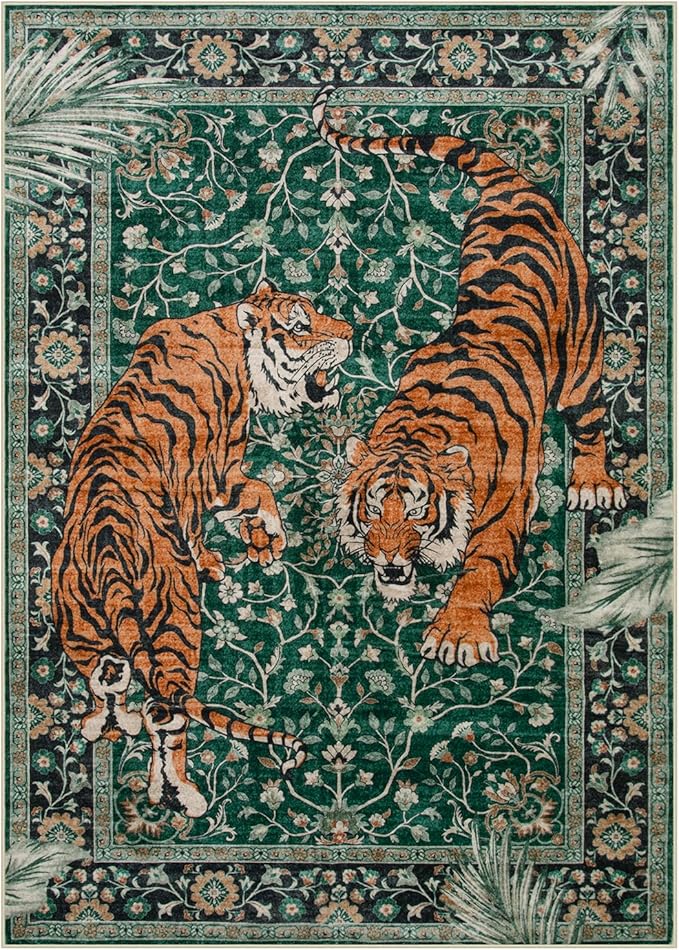Moynesa Tiger 5x7 Area Rug, Boho Washable Living Room Rug, Non Slip Green Rugs - Image 3