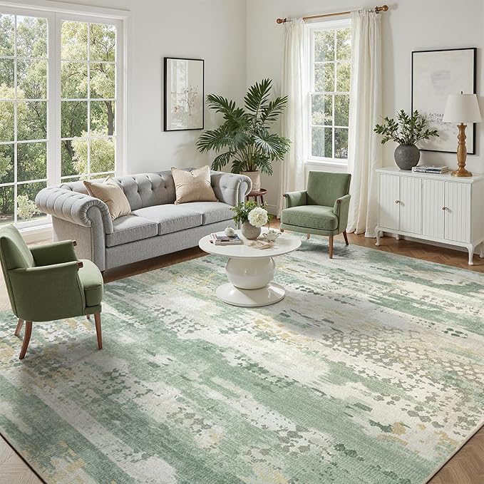 DCX Abstract Area Rug 6x9, Washable Sage Green Modern Rug - Image 5