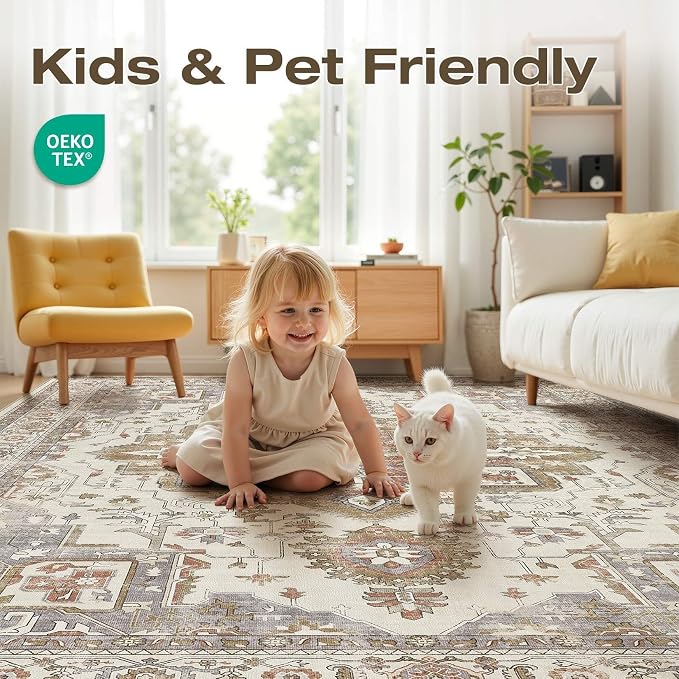 7x9 Washable Area Rugs for Living Room, Large Rug Non Slip Backing Vintage - Image 3