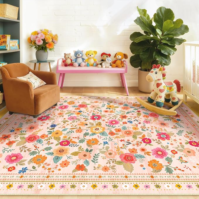 5x7 Area Rugs, Washable Floral Rug, Low Pile Non-Slip Carpet, Flower Rug - Image 8
