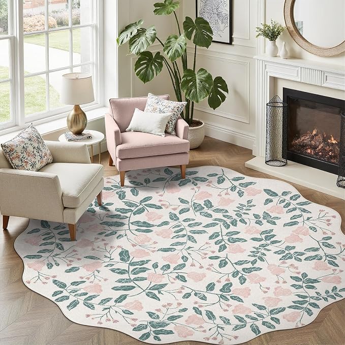 DCX Pink Botanical 5x5 Rug, Machine Washable Non Slip Stain Resistant Carpet by DCXWashableRug