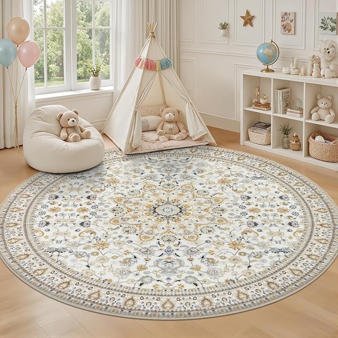 Round Area Rug for Living Room: 8 ft Washable Vintage Boho Soft Thin Circle Rug - Image 5