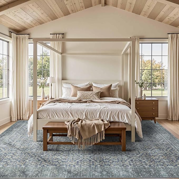 Latte&Fog 8x10 Area Rugs for Living Room, Large Vintage Blue Washable Rug - Image 4