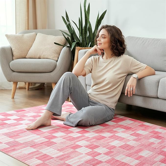 Terrug Pink Checkered Rug for Bedroom, 4x6 Area Rugs Washable - Image 4