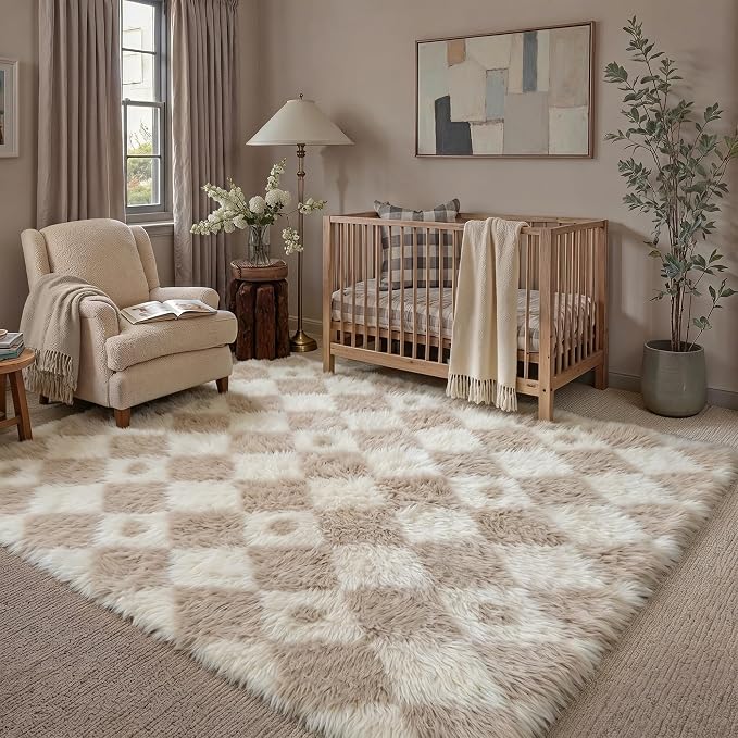 PureCozy Checkered Rug 5x8 Fluffy Shag Living Room Beige Area Rug Modern - Image 3