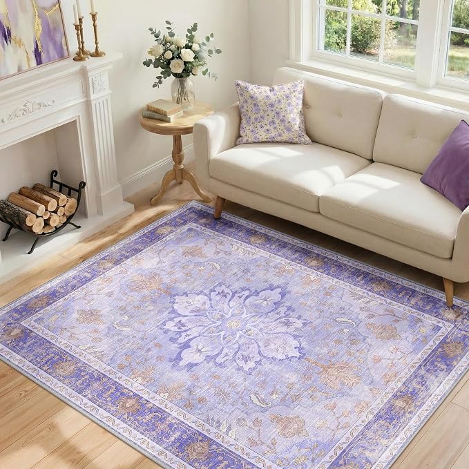 RELEANY Area Rugs 4'x5' Washable Non-Slip, Floral Vintage Distress Medallion by RELEANY