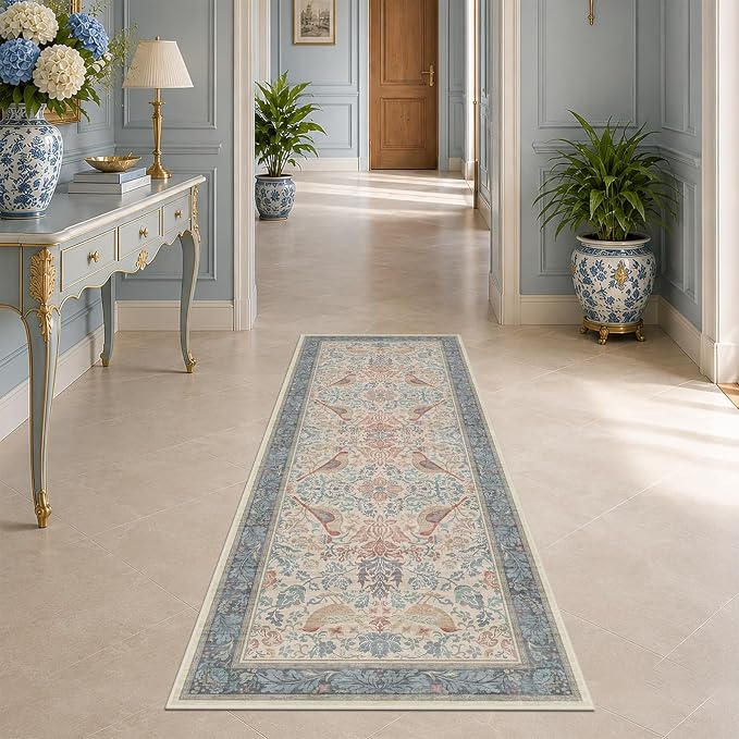 Red Blue Cream Vintage 2x6 Hallway Runner Rug by HazoHaus