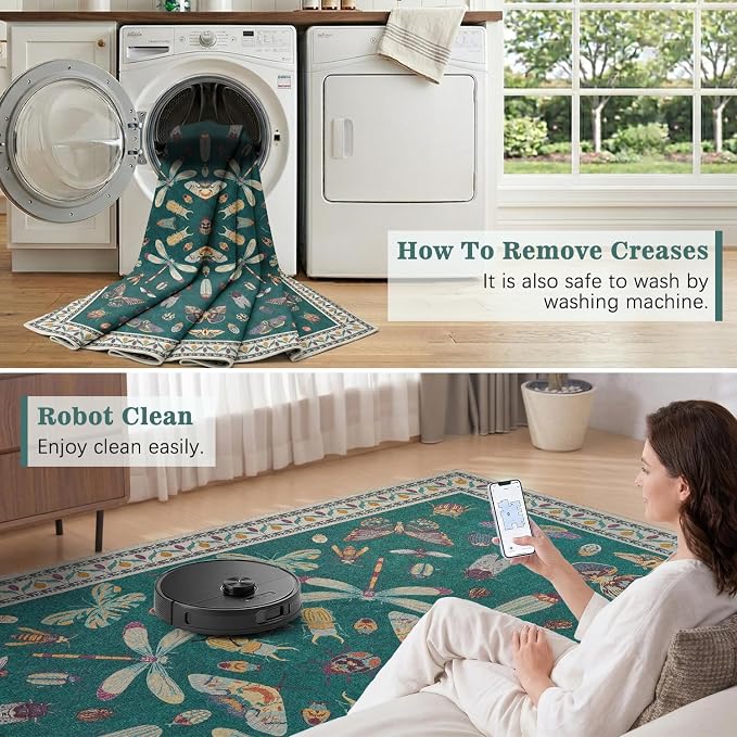 DCX 8x10 Washable Insect Rug, Vintage Gothic Deep Teal Rug - Image 5