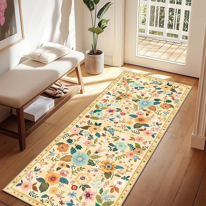 RELEANY Floral 2x6 Area Rugs Washable Print Boho Cute Carpet Non Slip Flower by RELEANY