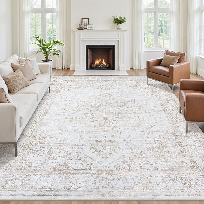 9x12 Area Rugs for Living Room:Beige Washable Vintage Medallion Rug Non-Slip - Image 3