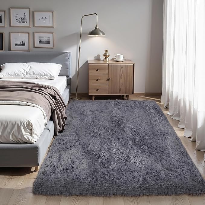 KICHOWUA Thick Area Rug Grey Fluffy 4x6 by KICHOWUA