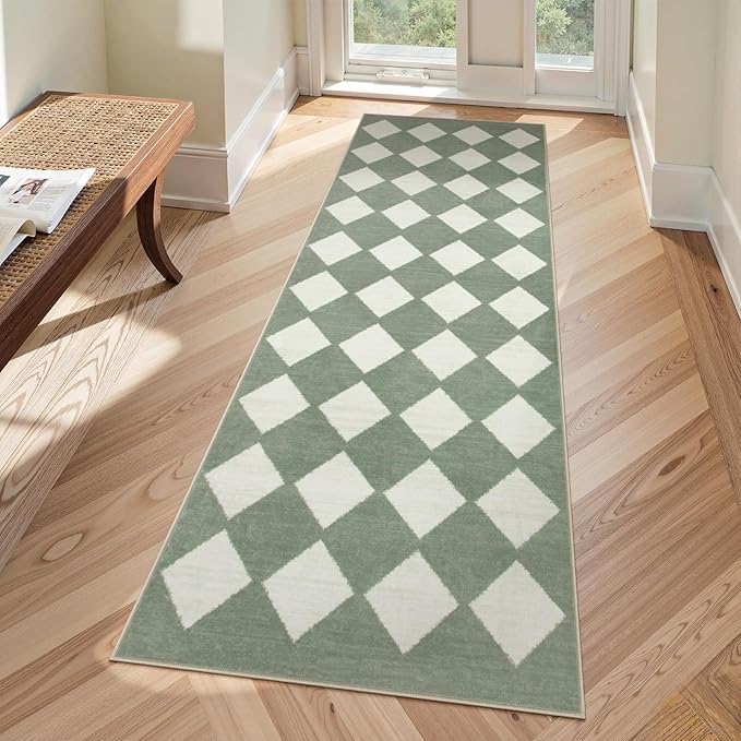 Lahome Zelie Checkered Washable 2x6 Green Runners by Lahome