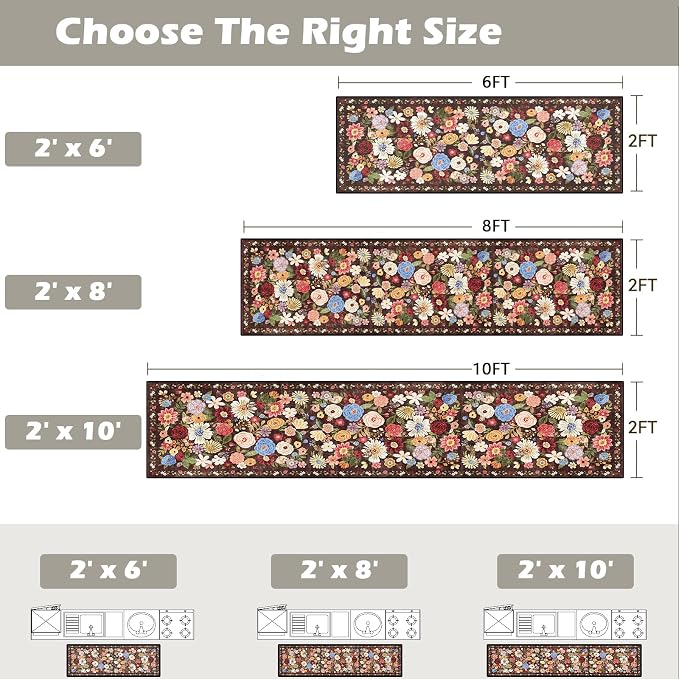 Floral Hallway Runner Rug Espresso Non-Slip, 2x10 Washable Ultra-Thin Soft - Image 2