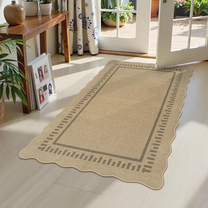 LIVEBOX Scalloped Washable 3x5 Outdoor Rug, Easy Jute Tan Rugs by LIVEBOX