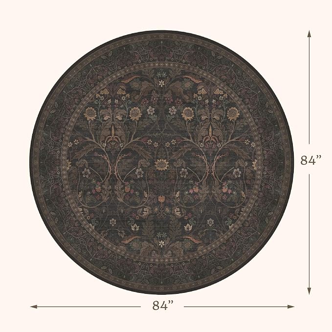 7ft Round Rug for Living Room, Moody Farmhouse Floral Circle Area Rug, Washable - Image 2