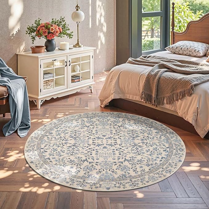 jinchan Zenith Round Rug 6ft Area Rug Soft 6'Round Vintage Floral Rug Non-Slip - Image 3