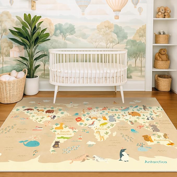 Kids Bedroom Rug with World Map & Animals – 4x6 Educational Washable Play Mat - Image 3
