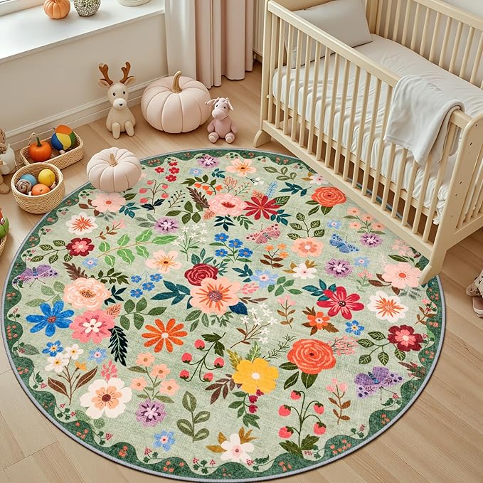 Round Area Rug for Living Room: 4 ft Floral Washable Circle Rug Soft Boho - Image 5