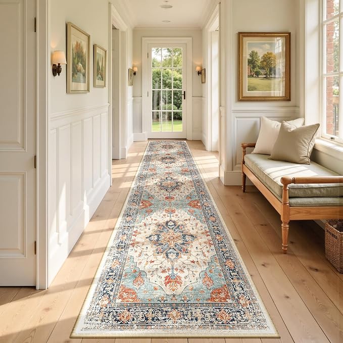 RELEANY Area Rugs Runner 2'6"x10' Washable Non-Slip, Floral Vintage Distress by RELEANY