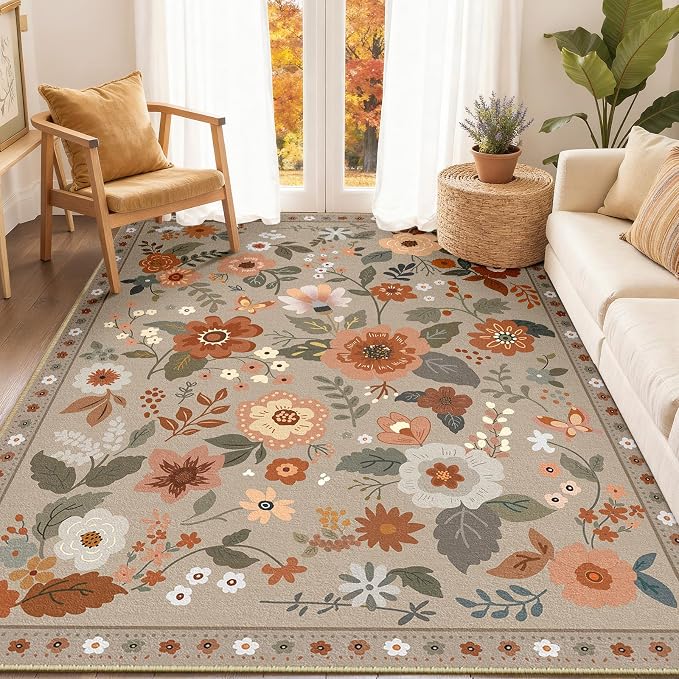 RELEANY Floral 5x7 Area Rugs Washable Print Boho Cute Carpet Non Slip Flower by RELEANY