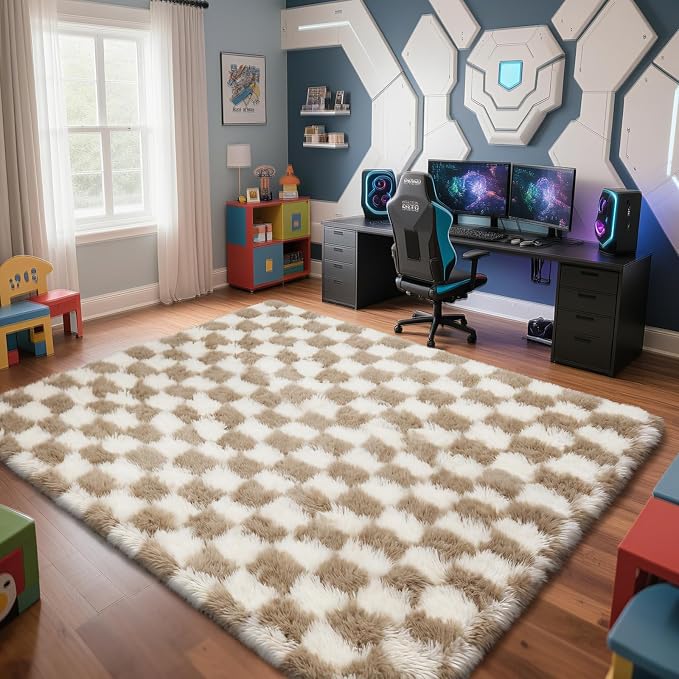 Checkered Rug for Living Room, 9x12 Beige and White Area Rugs, Classic - Image 2
