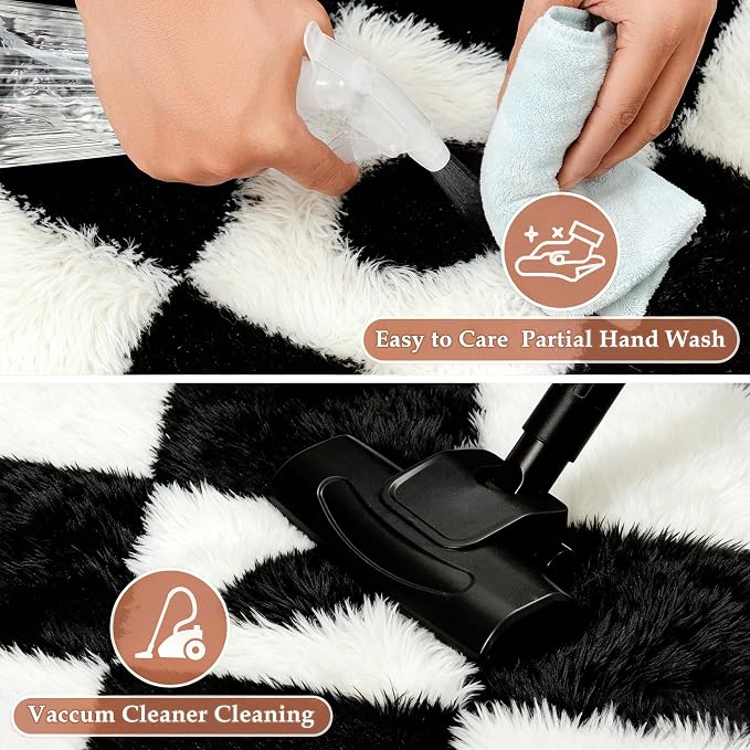 PureCozy Checkered Rug 9x12 Fluffy Shag Living Room Black and White Area Rug - Image 5