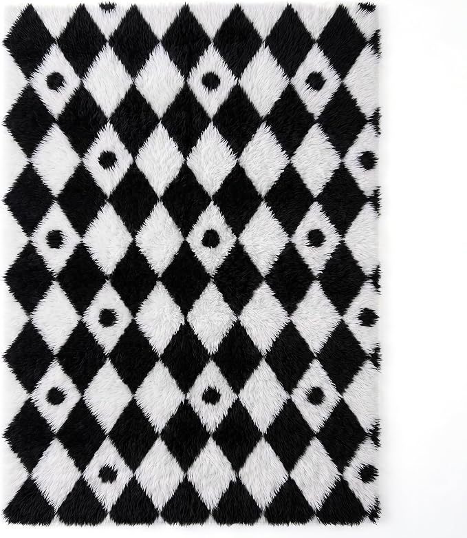 PureCozy Checkered Rug 5x8 Fluffy Shag Living Room Black and White Area Rug - Image 7