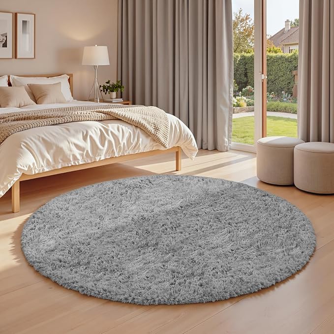 Light Gray Round Fluffy Rug 6ft Plush Fuzzy Shaggy Carpet, Soft Rugs - Image 2