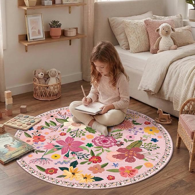 Latte&Fog Pink Floral Circle Area Rug, 4ft Round Cute Area Rug, Low Pile Non - Image 4