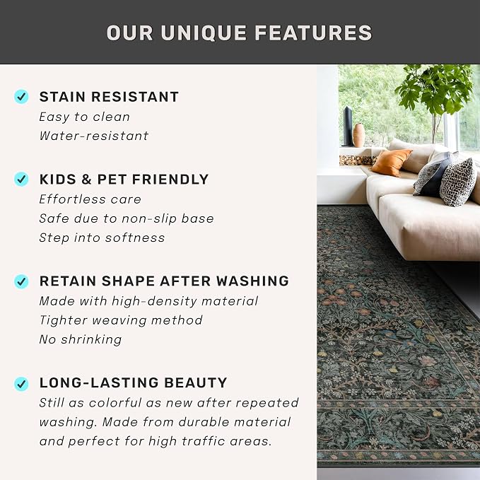 Dark Green Washable Entry Rug, 3x4 Rugs - Image 7