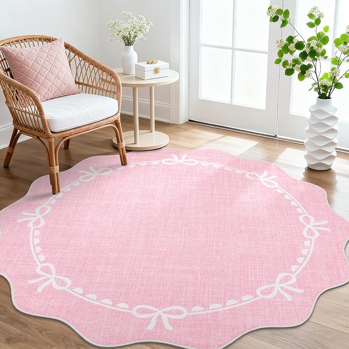 GarveeHome Scalloped Bow Rug for Living Room, 5ft Round Rugs Washable Solid - Image 2