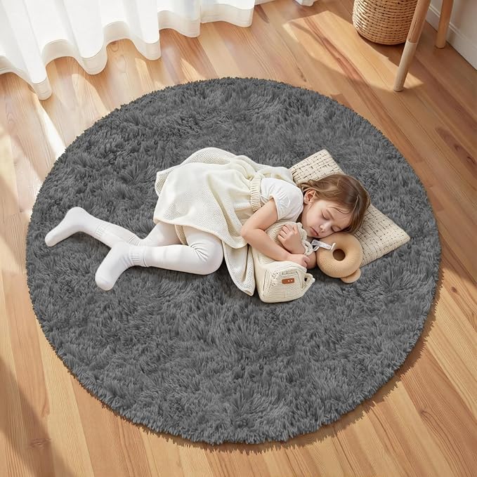 Dark Gray Round Fluffy Rug 5ft Plush Fuzzy Shaggy Carpet, Soft Rugs - Image 6