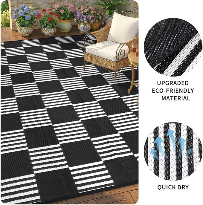 Garvee Waterproof Outdoor Rug 9x12, Checkered Foldable Plastic Straw Patio - Image 5