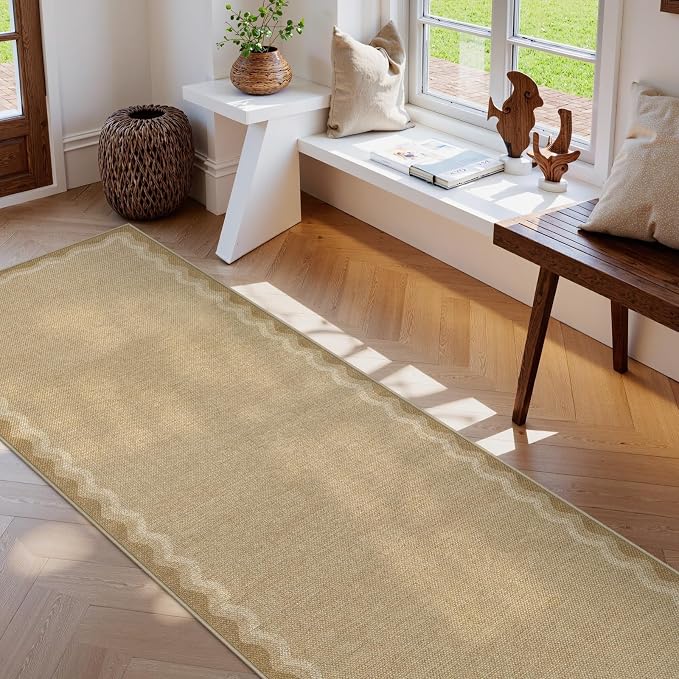 LIVEBOX Scalloped Washable 2x8 Kitchen Runner Rug, Easy Jute Geometric Tan Rug - Image 8