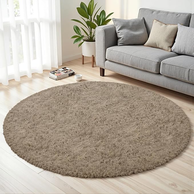 Gray Camel Round Fluffy Rug 5ft, Soft Bedroom Circle Rugs Mats by Unknown