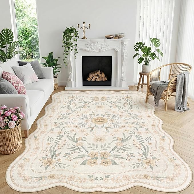 Scalloped Floral Rug 7x9, Neutral Beige Washable Non Slip Area Rug by Dadasgk
