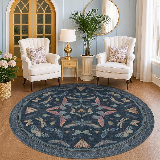 Dark Blue Vintage Playroom Round Rug 6ft, Washable Soft Area Rug - Image 3