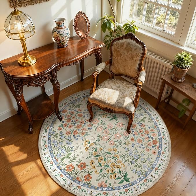 Washable Round Rugs for Bedroom 4ft: Living Room Rug Stain Resistant Non Slip - Image 2