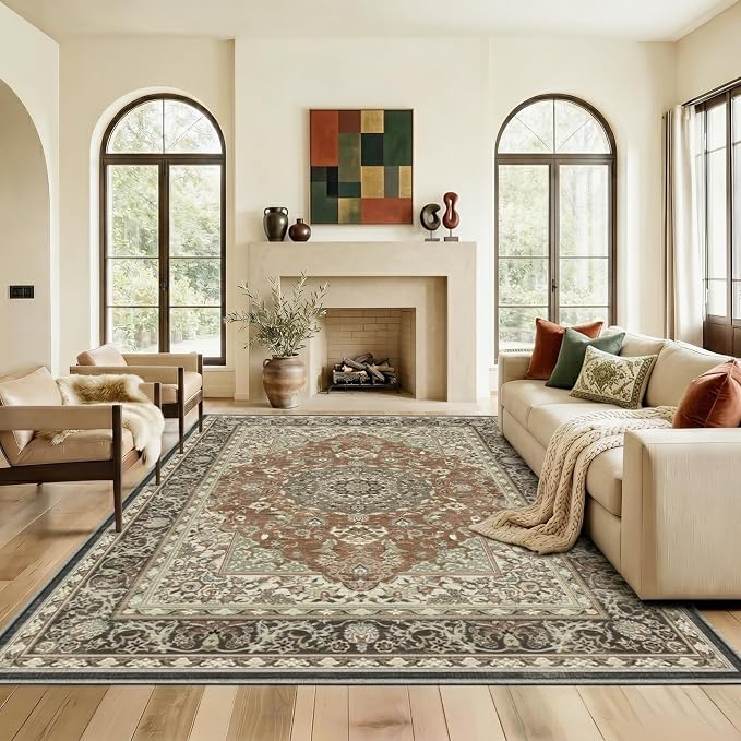 5x7 Area Rug for Living Room-Vintage Farmhouse Boho Floral Neutral Washable by Unknown