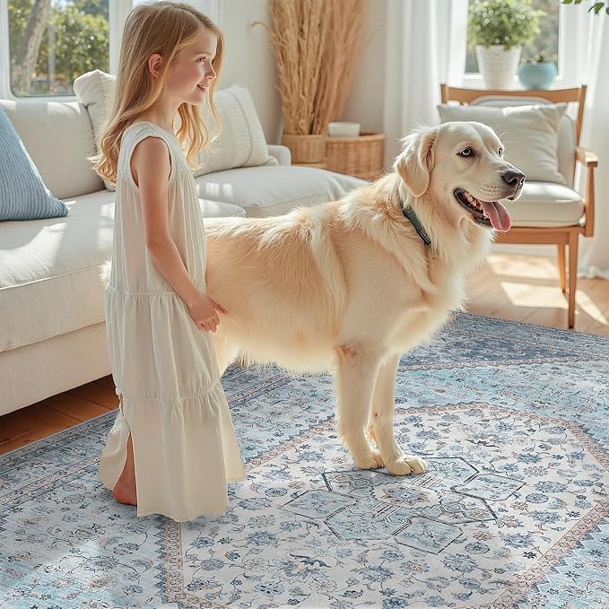 DCX Machine Washable Blue and Beige Area Rug 6x9, Non Slip Stain Resistant - Image 3