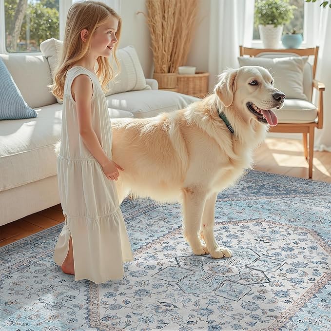 DCX Machine Washable Blue and Beige Area Rug 4x6, Non Slip Stain Resistant - Image 4