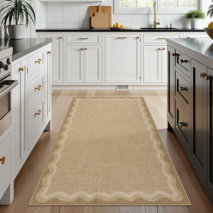 LIVEBOX Scalloped Washable 3x5 Outdoor Rug, Easy Jute Geometric Tan Rug - Image 2