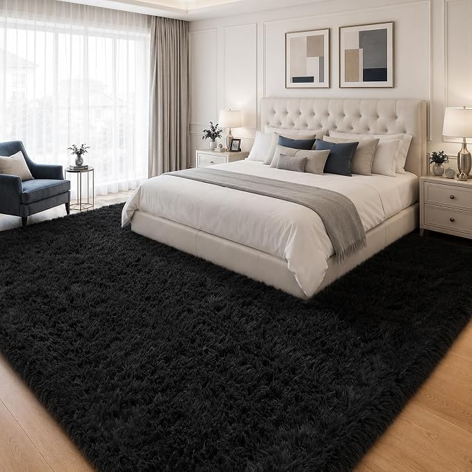 8x10 Area Rugs for Living Room Bedroom: Soft Fluffy Black Shag Upgrade Non-Slip - Image 3
